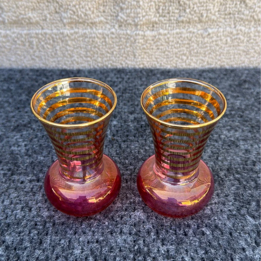 Vintage Bartlett Collins Pink Gold Stripe Glass Mini Bud Vases 3.75